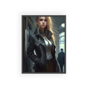 Blonde Woman in Leather Jacket Framed Poster