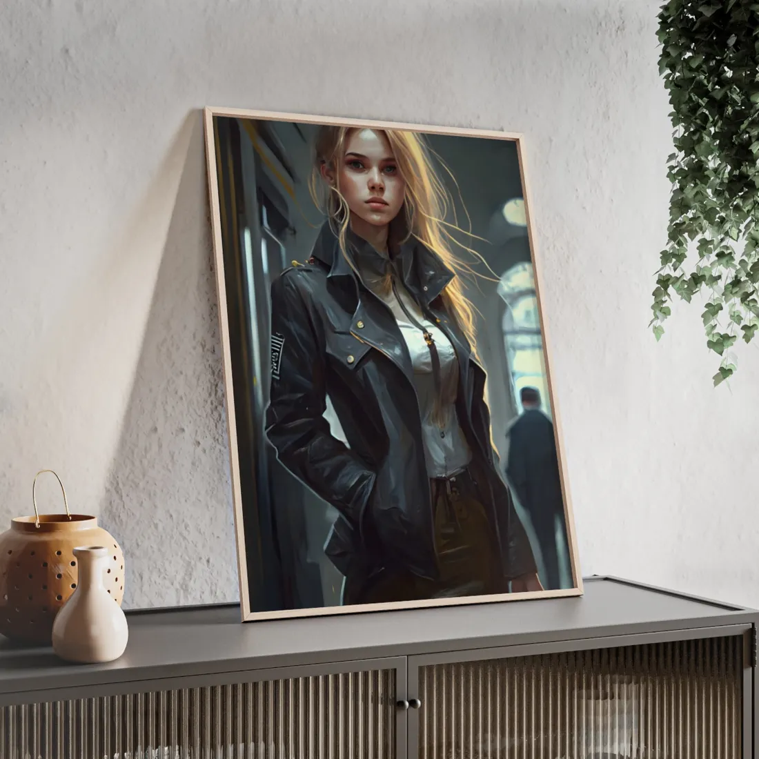 Blonde Police Officer on Hotel Duty: A Moment of Authority in the Lobby - Framed Poster