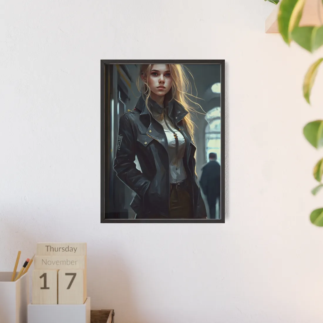 Blonde Police Officer on Hotel Duty: A Moment of Authority in the Lobby - Framed Poster