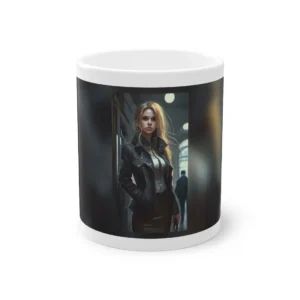 Blonde Woman in Leather Jacket Mug