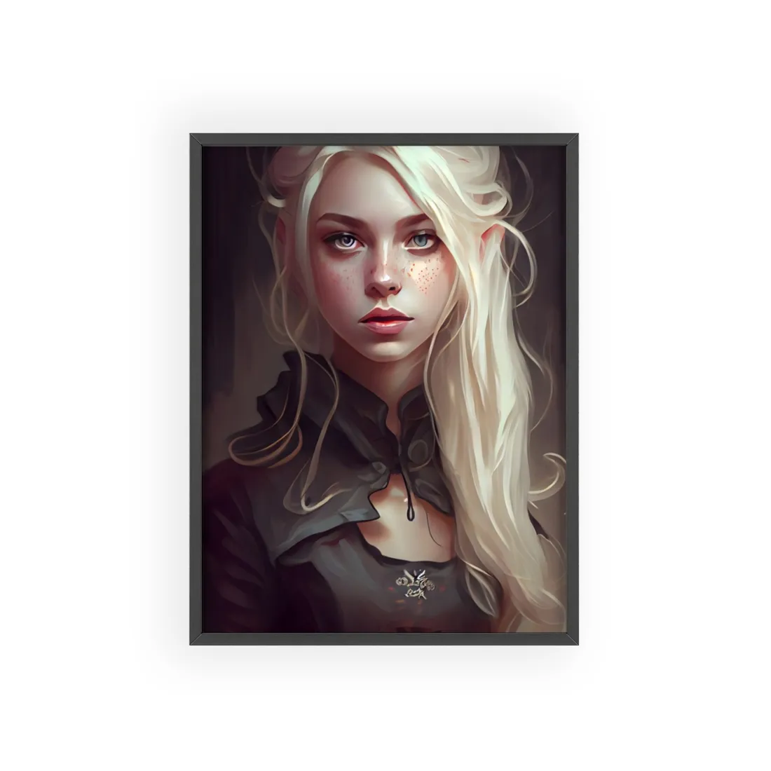 Blonde Portrait: Elegant Woman in Black Dress - Framed Poster