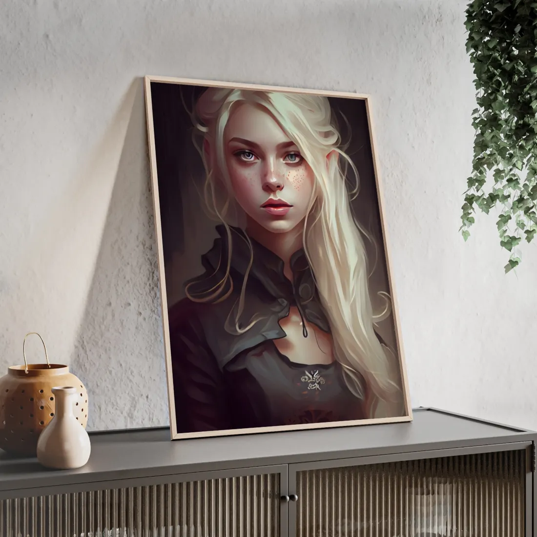 Blonde Portrait: Elegant Woman in Black Dress - Framed Poster