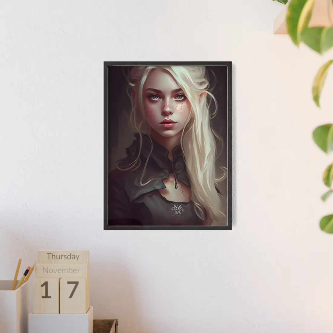 Blonde Portrait: Elegant Woman in Black Dress - Framed Poster