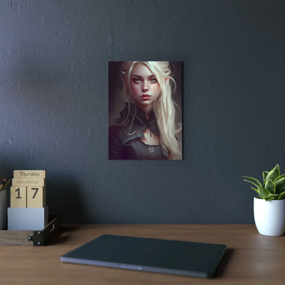 Blonde Portrait: Elegant Woman in Black Dress - Metal Poster