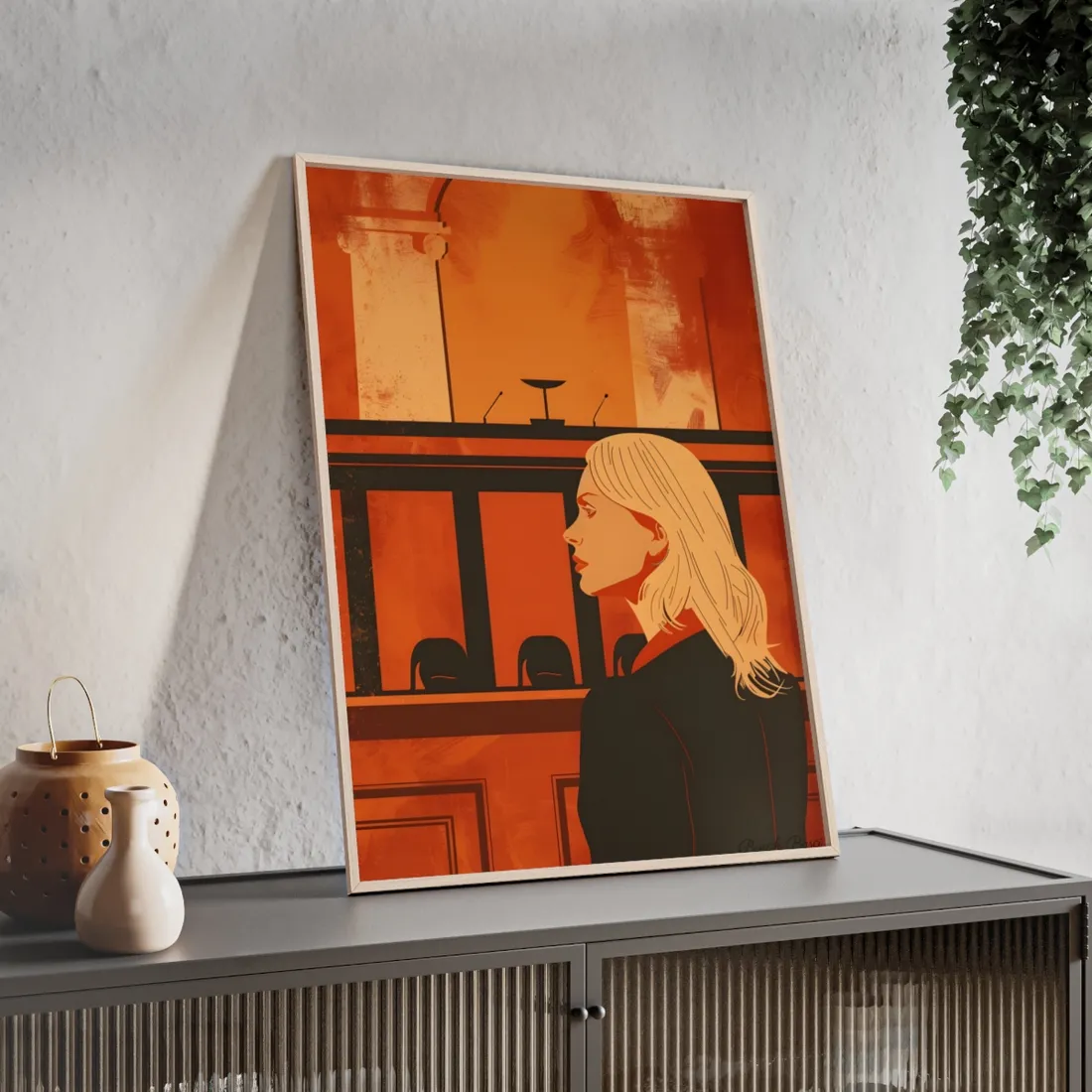 Blonde Woman in Black: Minimalist Portrait Art with a Vibrant Twist - Framed Poster
