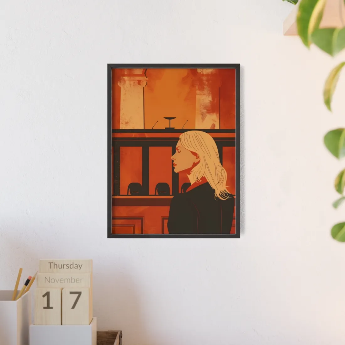 Blonde Woman in Black: Minimalist Portrait Art with a Vibrant Twist - Framed Poster