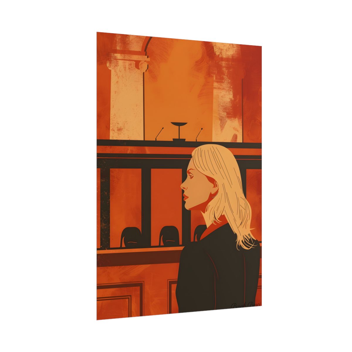 Blonde Woman in Black: Minimalist Portrait Illustration – Poster, side view