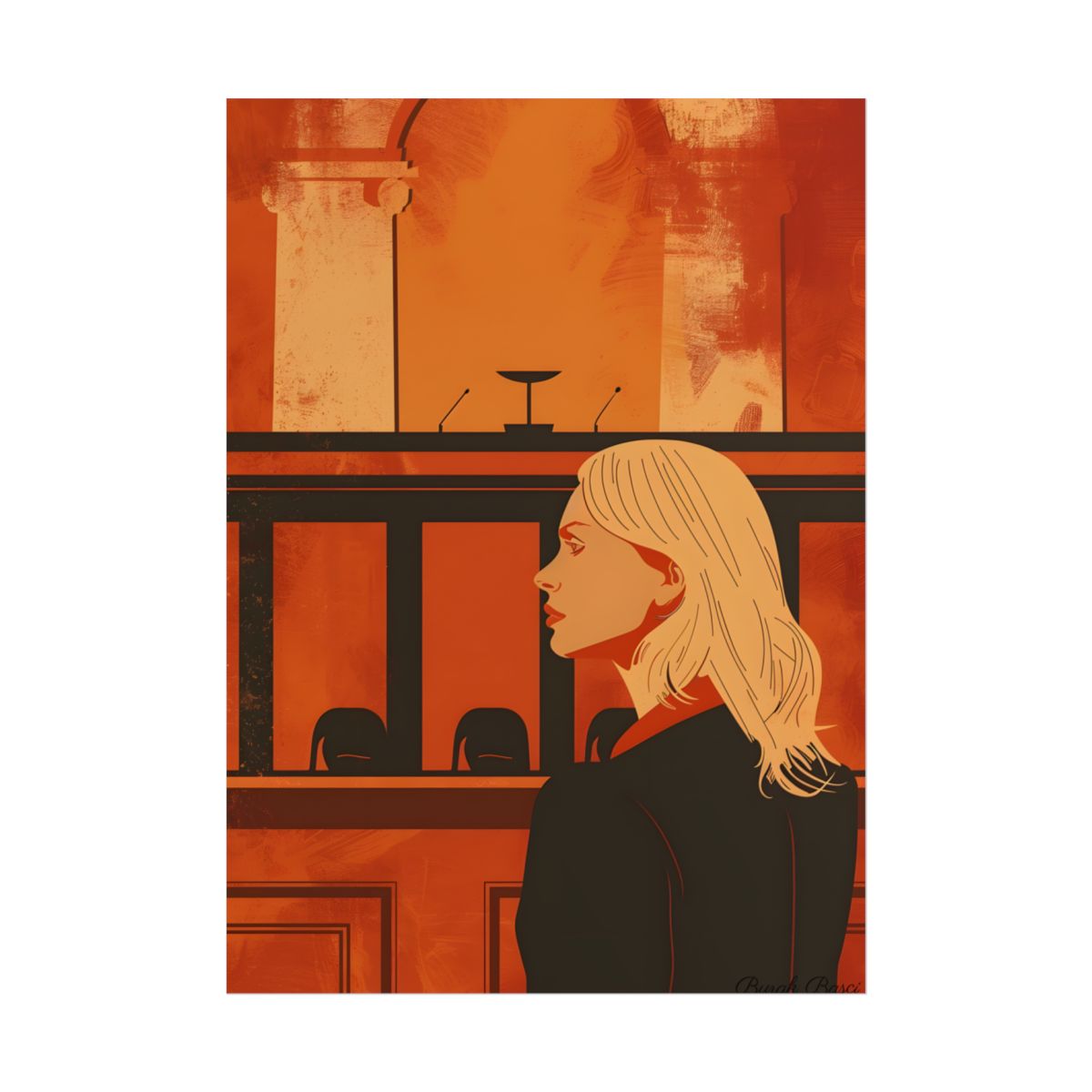 Blonde Woman in Black: Minimalist Portrait Illustration – Poster, front view