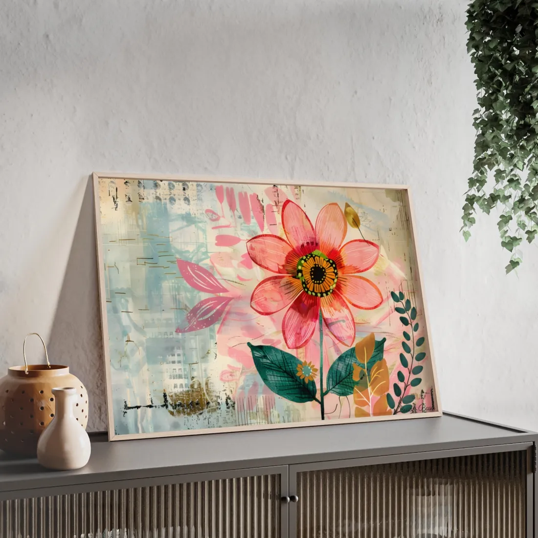 Blooming Growth: Whimsical Flower Art - Framed Poster