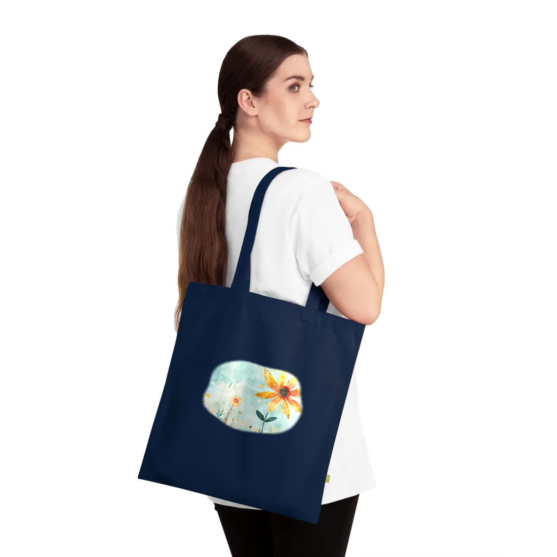 Blooming Growth: Whimsical Flower with Mindset Message Art - Tote Bag (French Navy)