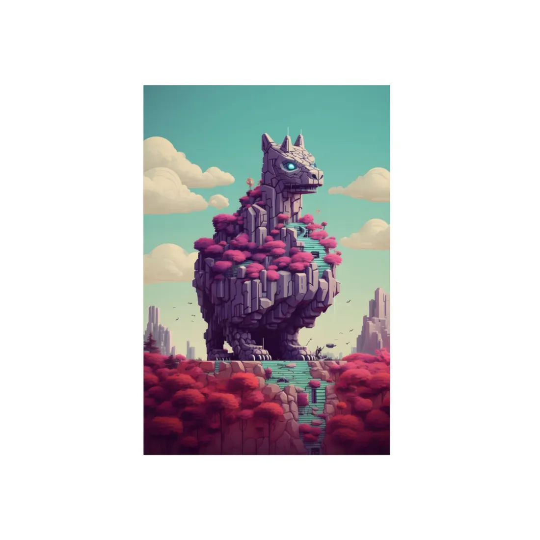 Blossom Dragon: Whimsical Floral Creature on a Mountain - Metal Poster