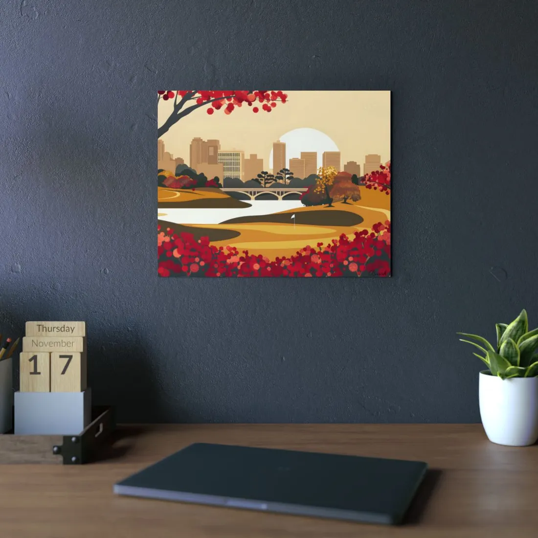 Blossom Park Skyline: City Park with Cherry Trees and Bridge - Metal Poster