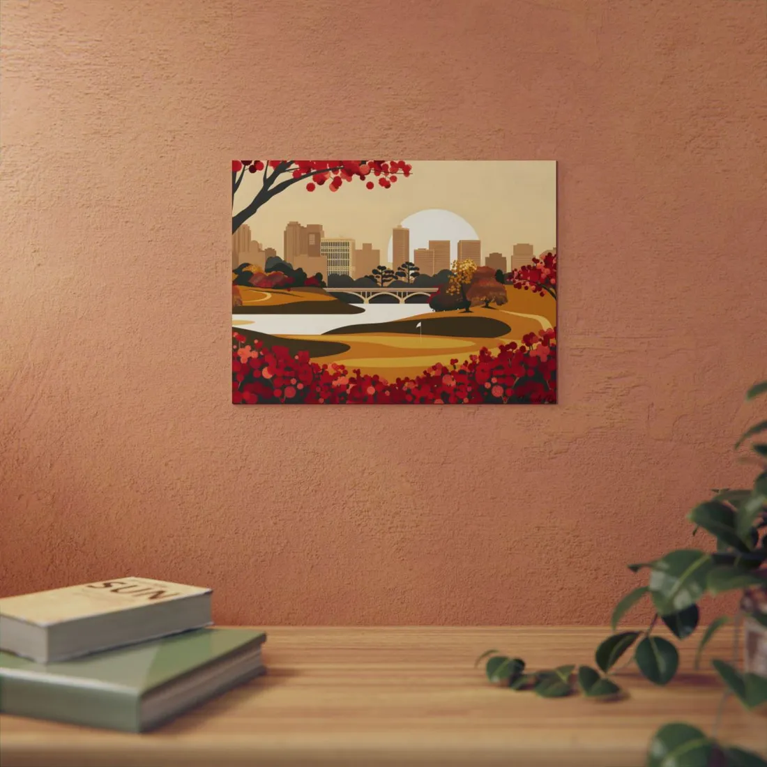 Blossom Park Skyline: City Park with Cherry Trees and Bridge - Metal Poster