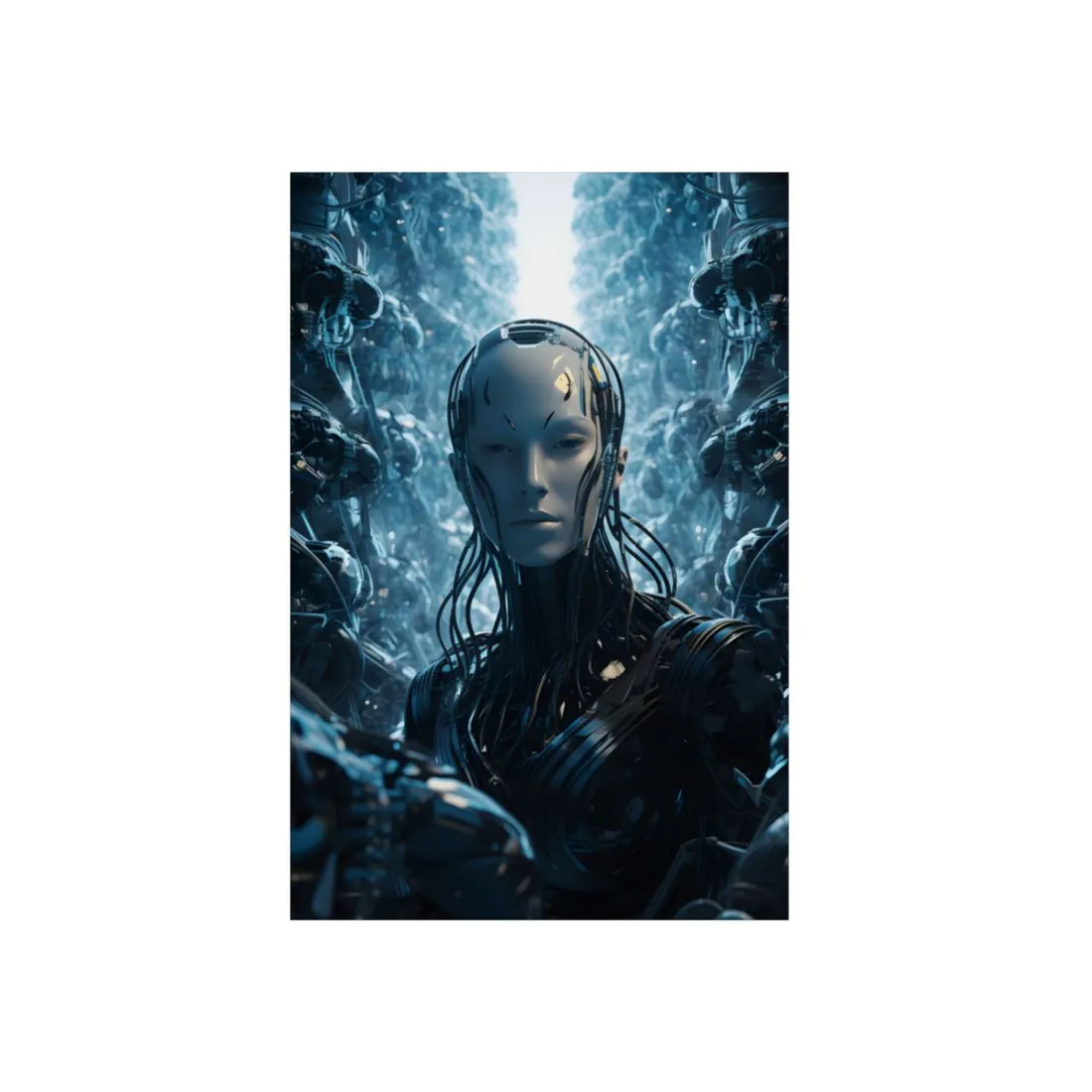 Blue Android Portrait: Glowing Cyborg Close-Up - Metal Poster