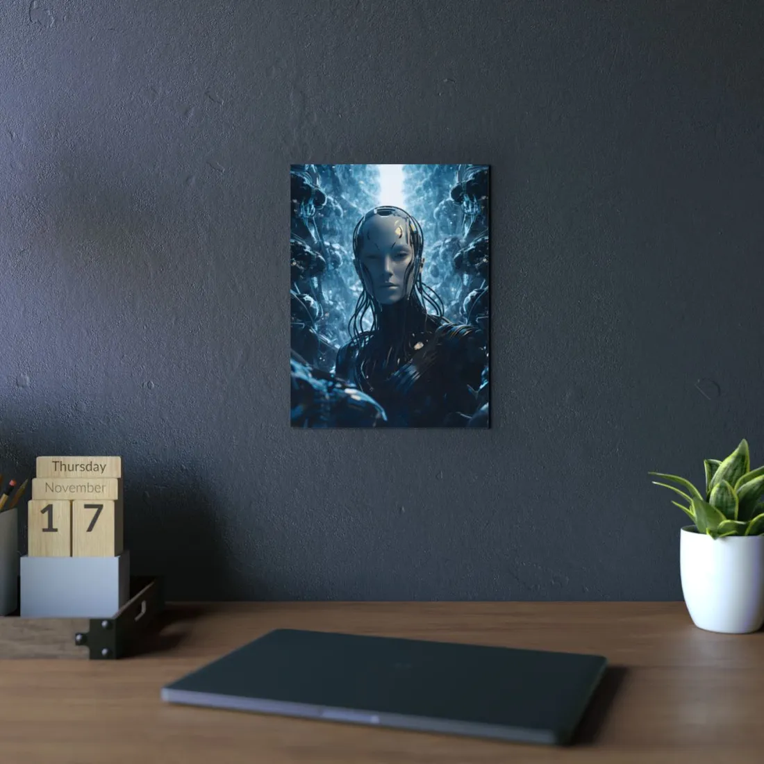 Blue Android Portrait: Glowing Cyborg Close-Up - Metal Poster