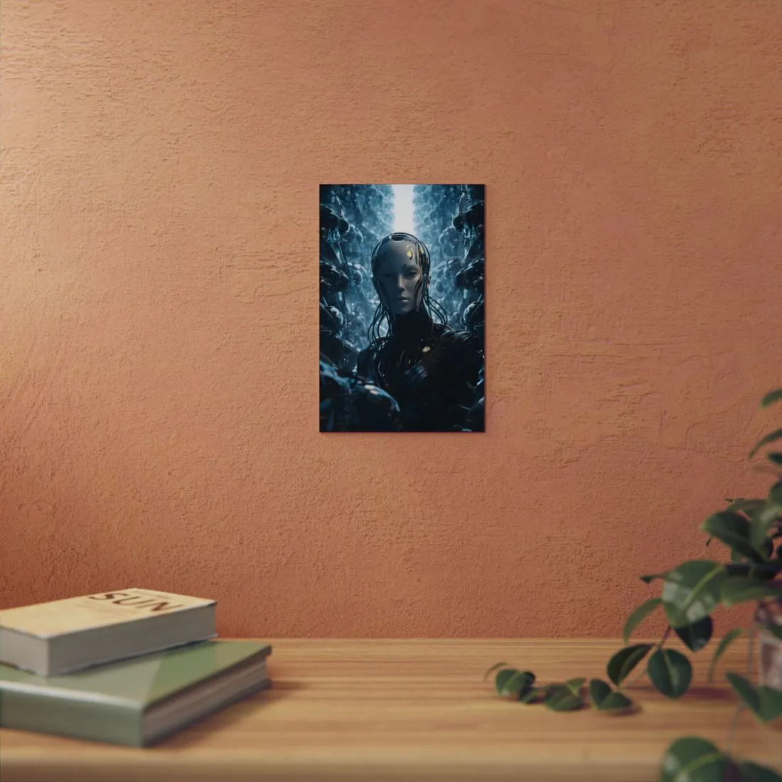 Blue Android Portrait: Glowing Cyborg Close-Up - Metal Poster