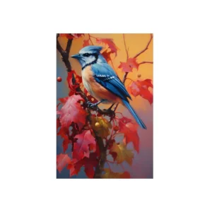 Blue Jay on Red Leaves Metal Poster