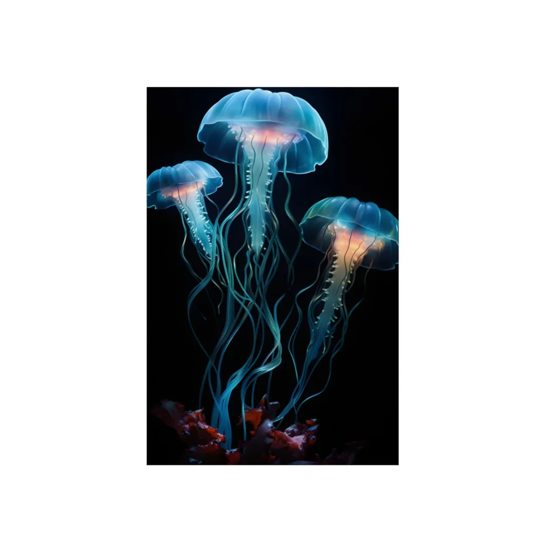 Blue Jellyfish Swarm: Luminous Deep Sea Scene - Metal Poster