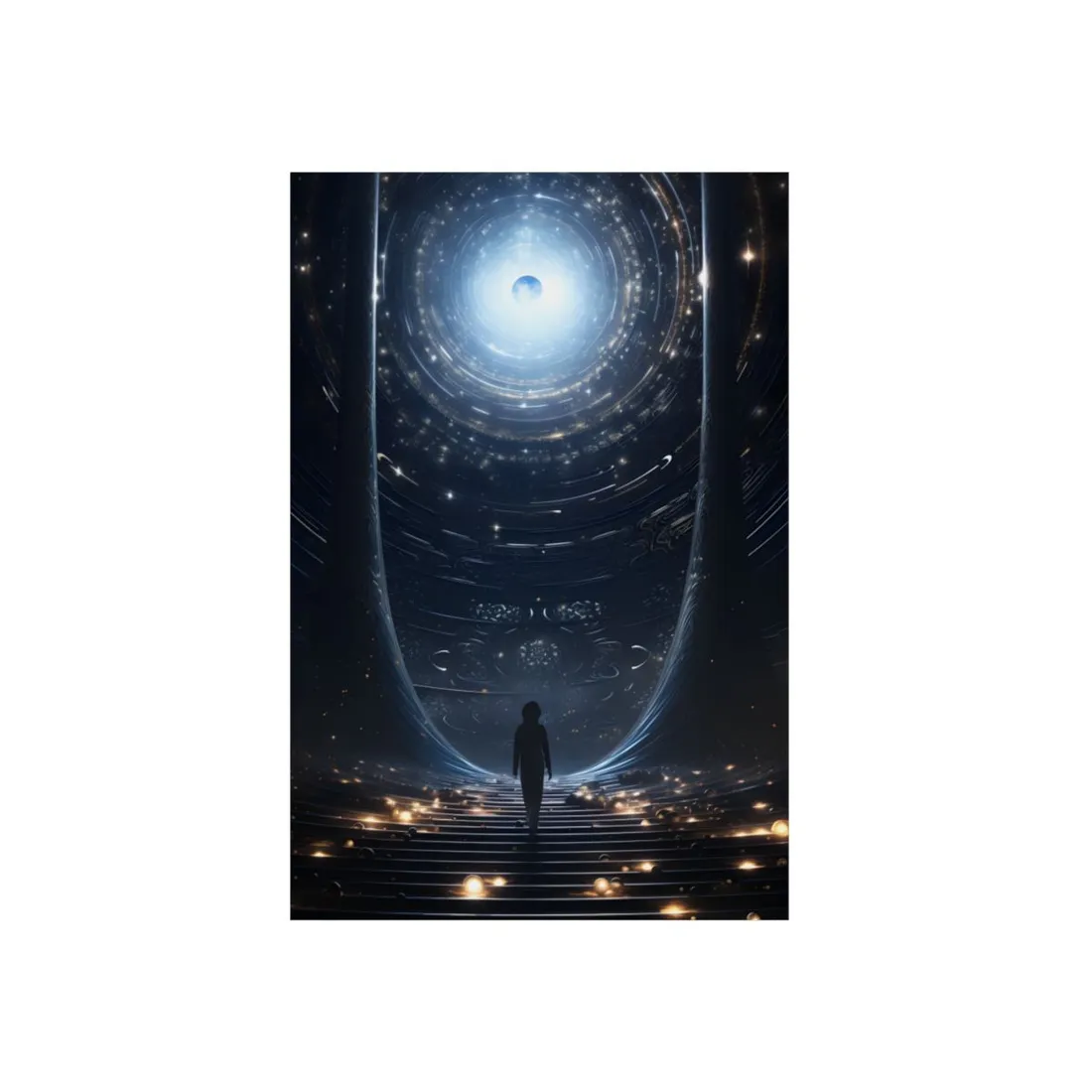 Blue Light Tunnel: Symmetrical Sci-Fi Portal Scene - Metal Poster