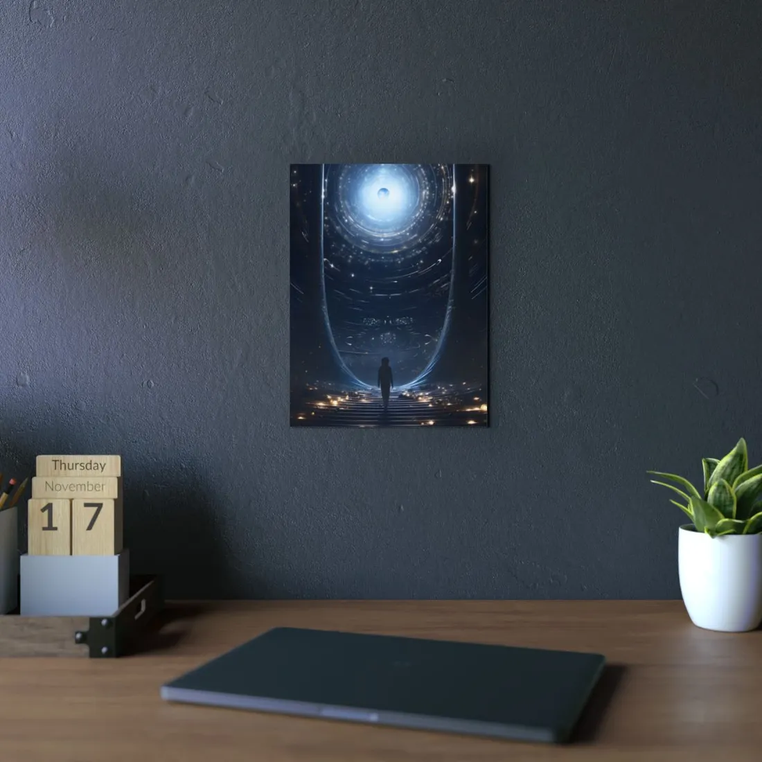 Blue Light Tunnel: Symmetrical Sci-Fi Portal Scene - Metal Poster
