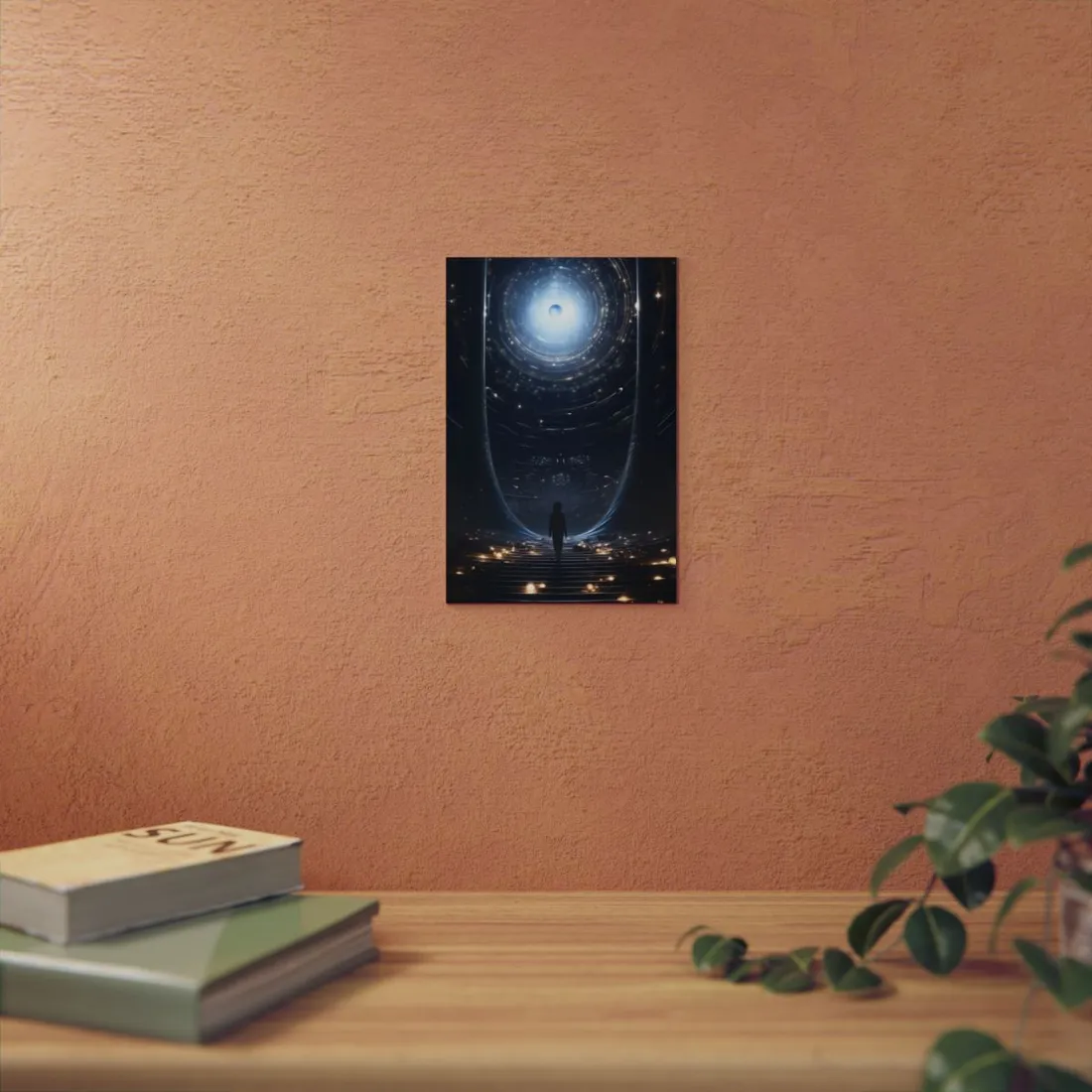 Blue Light Tunnel: Symmetrical Sci-Fi Portal Scene - Metal Poster