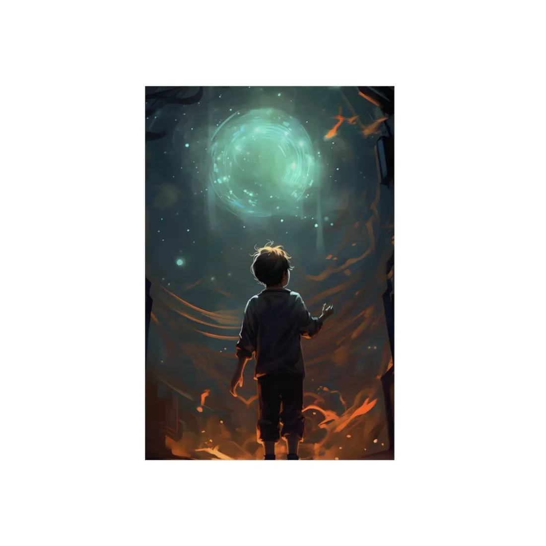 Boy Facing the Cosmic Portal: Galaxy Fantasy Scene - Metal Poster
