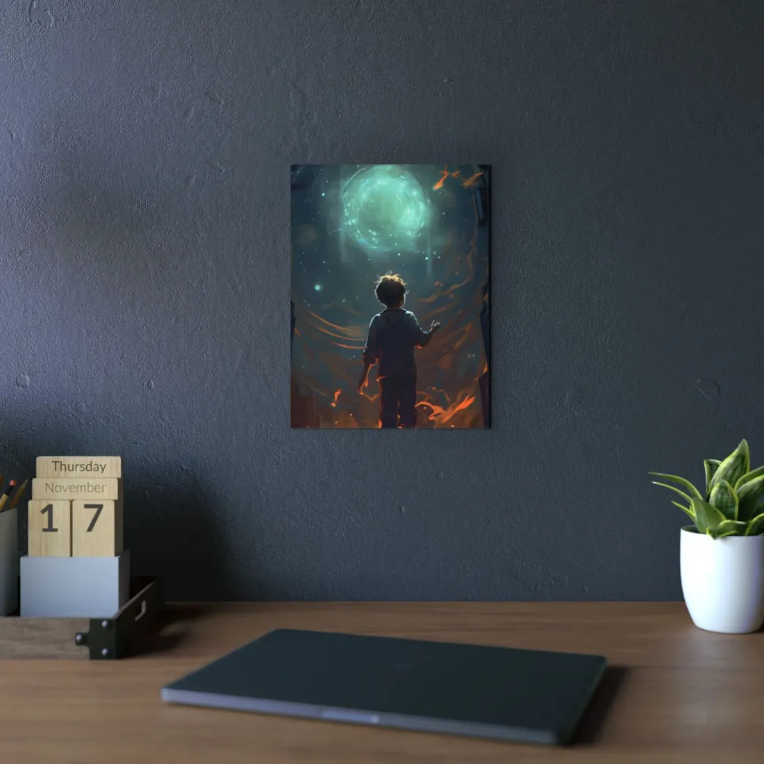 Boy Facing the Cosmic Portal: Galaxy Fantasy Scene - Metal Poster