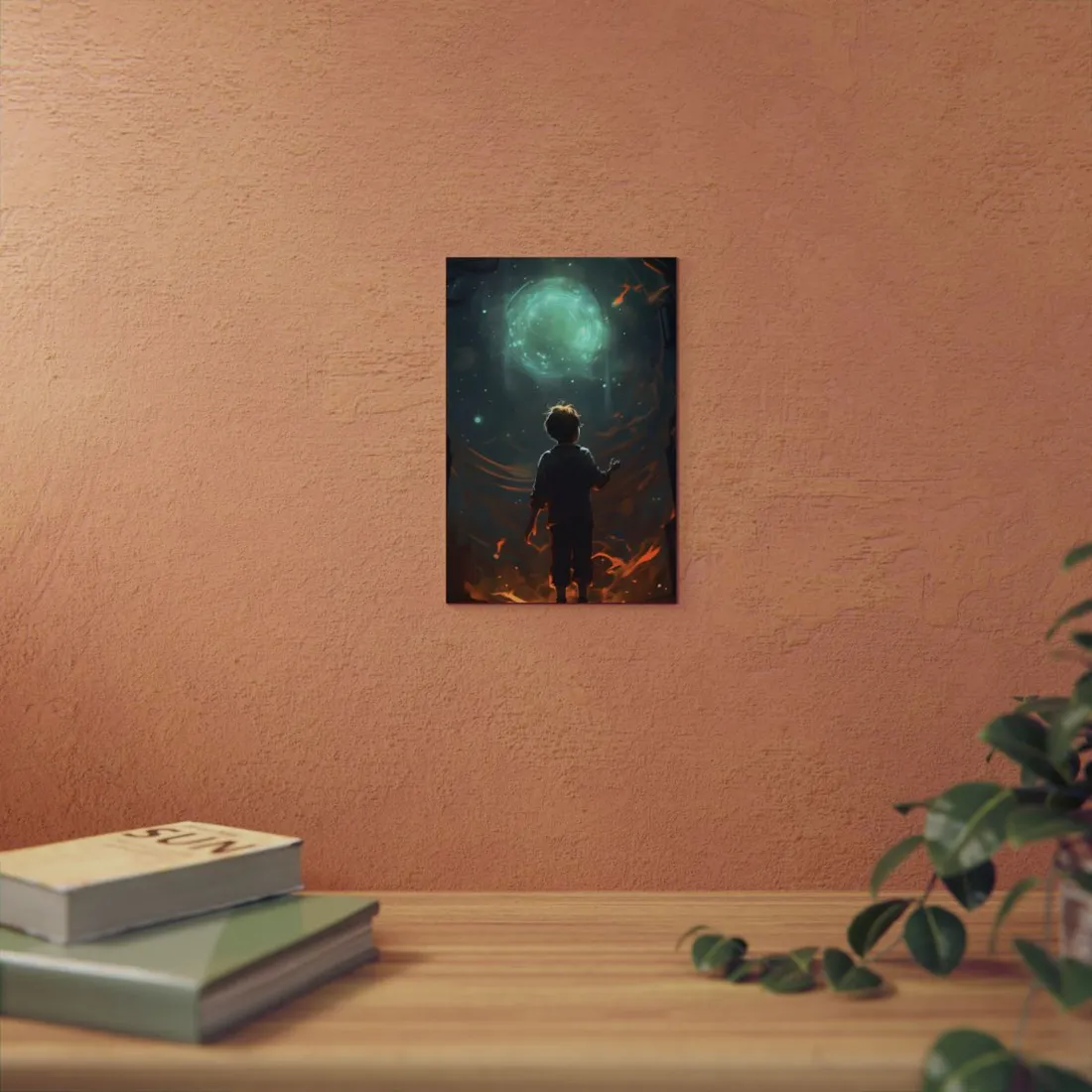 Boy Facing the Cosmic Portal: Galaxy Fantasy Scene - Metal Poster