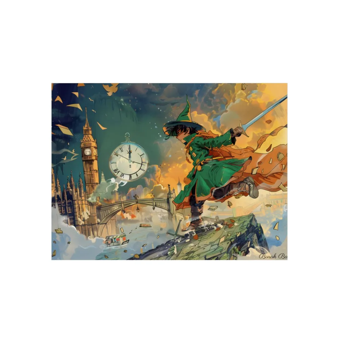 Boy in Green Flying Over London: Whimsical Adventure Art - Metal Poster