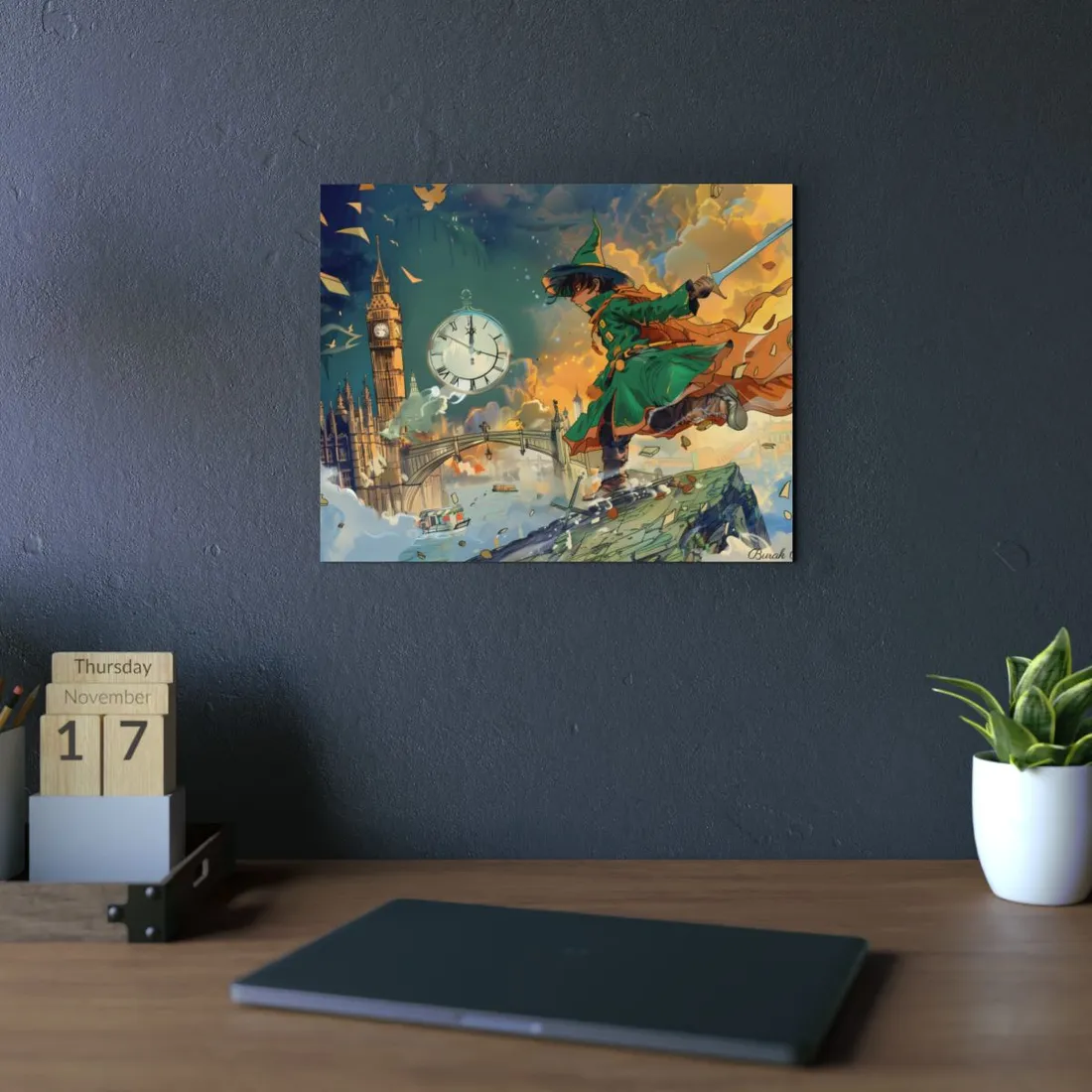 Boy in Green Flying Over London: Whimsical Adventure Art - Metal Poster