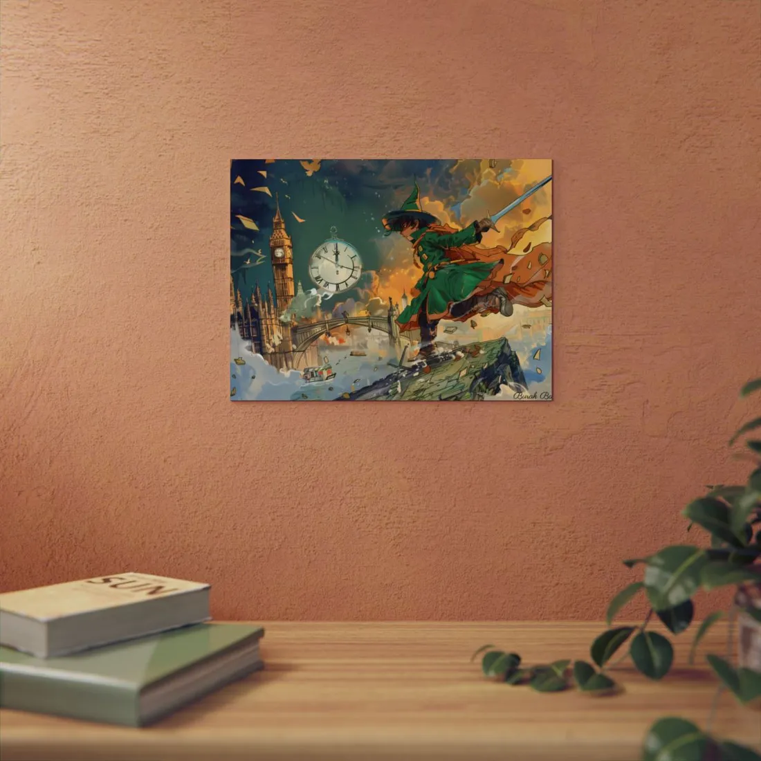 Boy in Green Flying Over London: Whimsical Adventure Art - Metal Poster