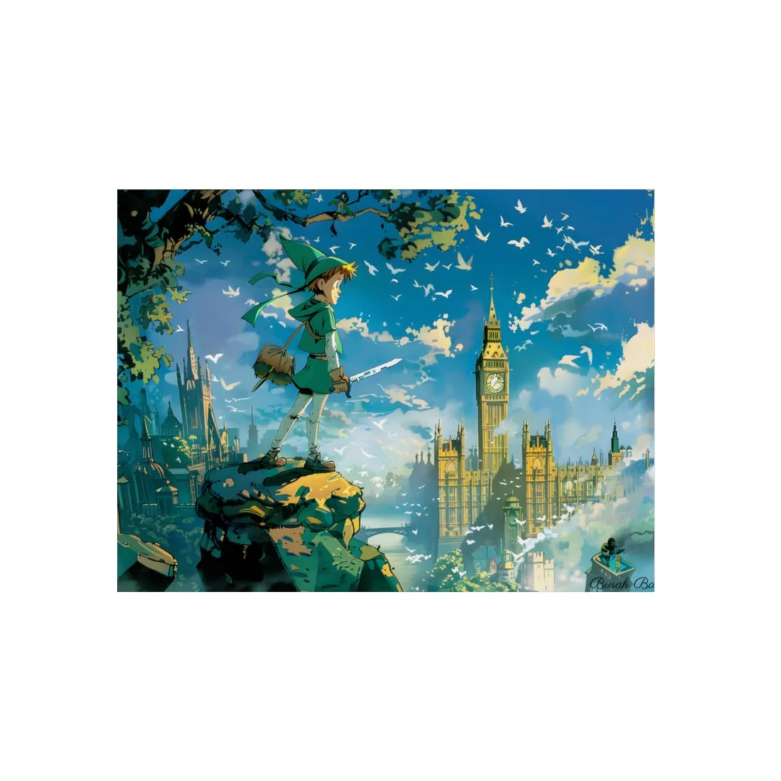 Boy in Green Flying Over the City Skyline - Metal Poster