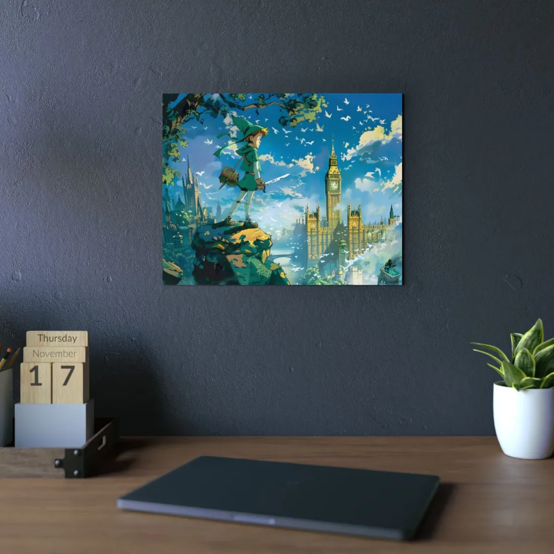 Boy in Green Flying Over the City Skyline - Metal Poster