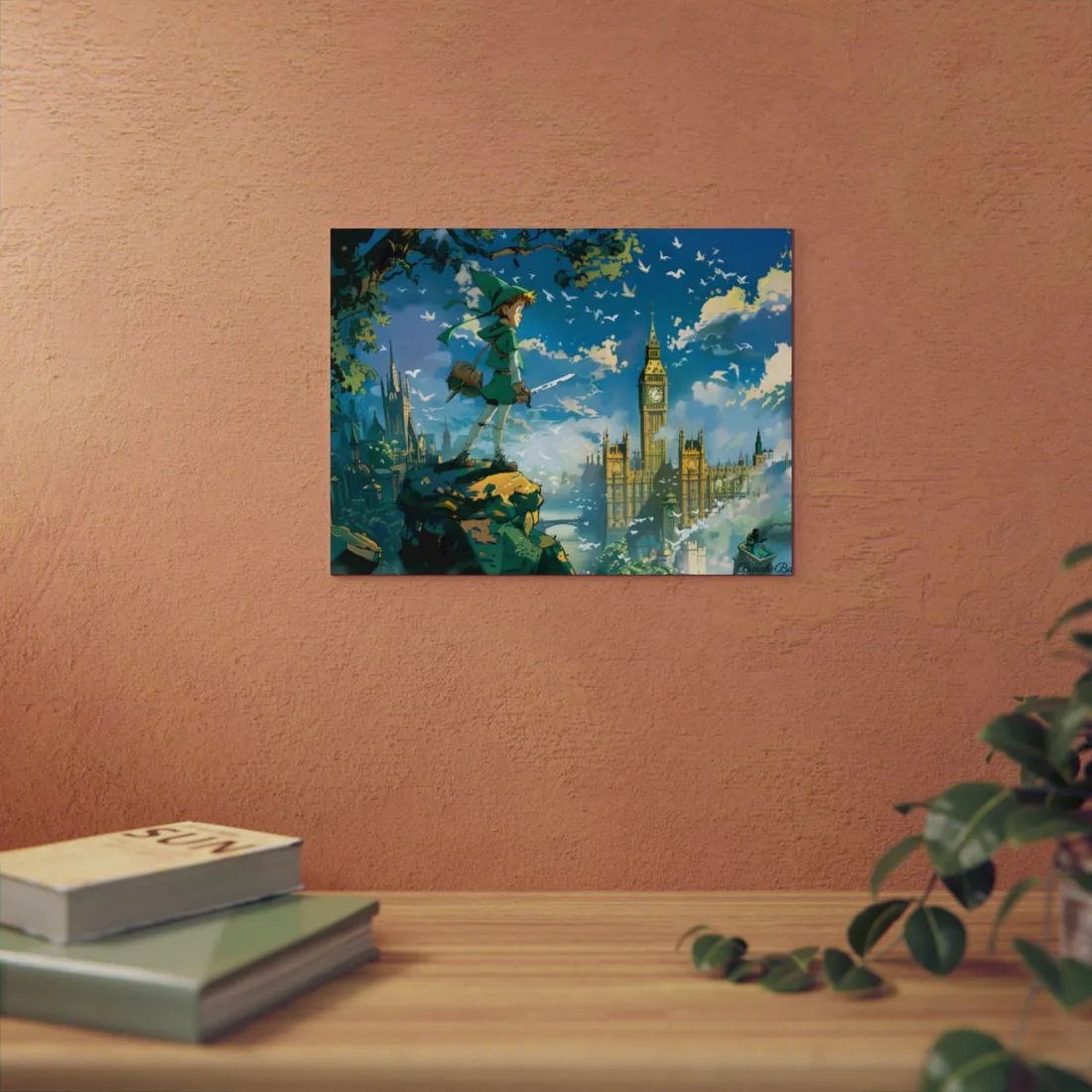 Boy in Green Flying Over the City Skyline - Metal Poster