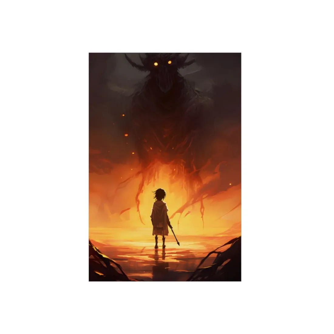 Boy in the Fiery Glow: Dramatic Fantasy Scene - Metal Poster