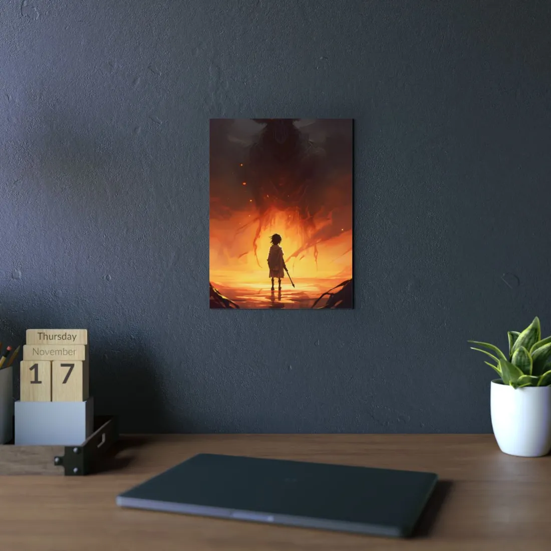 Boy in the Fiery Glow: Dramatic Fantasy Scene - Metal Poster