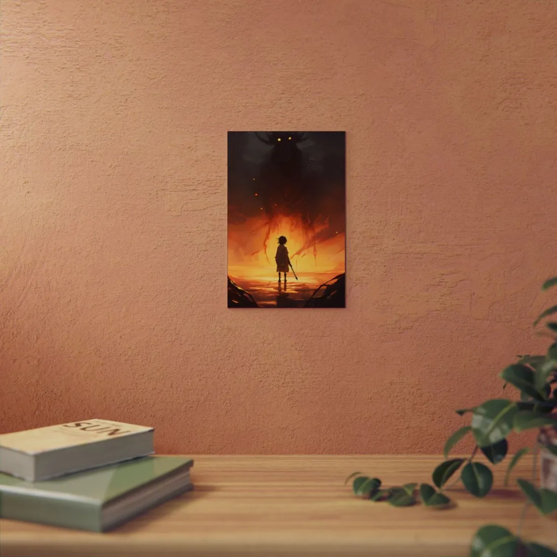 Boy in the Fiery Glow: Dramatic Fantasy Scene - Metal Poster