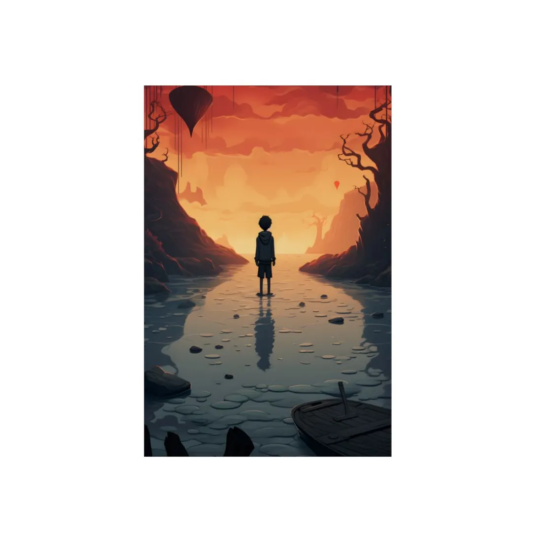 Boy on the Mirror Water: Warm Fantasy Landscape - Metal Poster