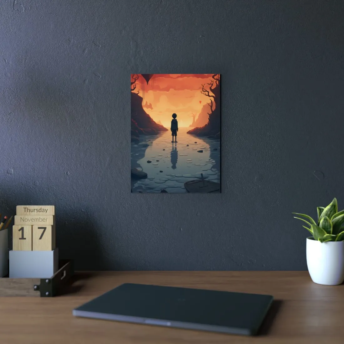 Boy on the Mirror Water: Warm Fantasy Landscape - Metal Poster