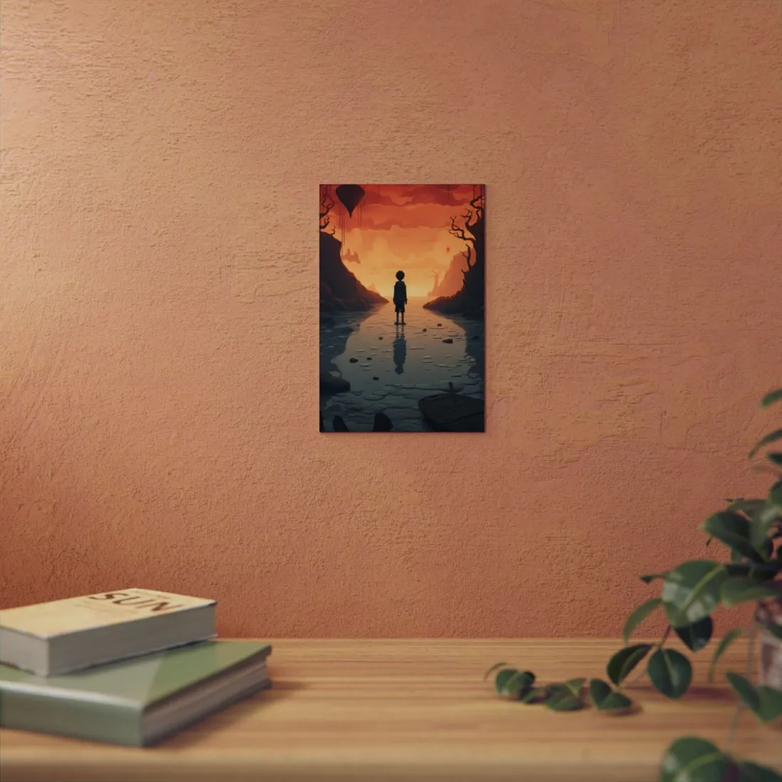 Boy on the Mirror Water: Warm Fantasy Landscape - Metal Poster