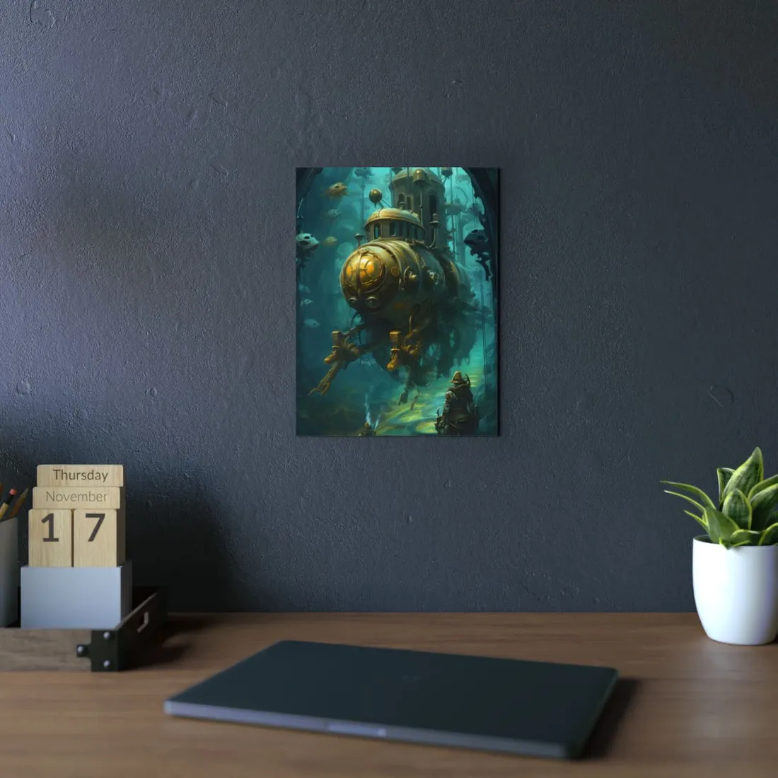 Brass Diving Mechanism: Ornate Underwater Steampunk Device - Metal Poster
