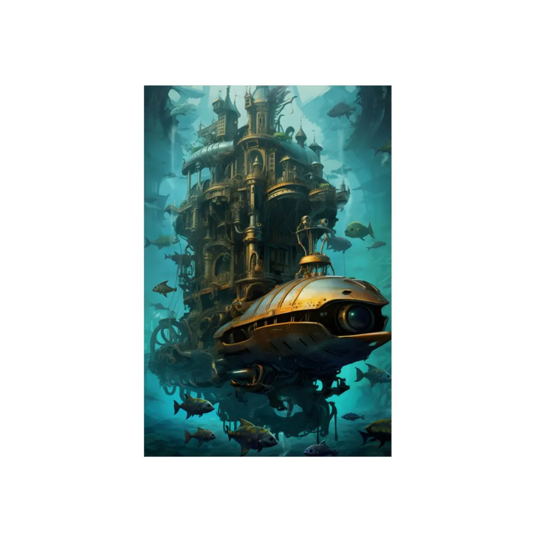 Brass Steampunk Submersible: Mechanical Deep-Sea Pod - Metal Poster