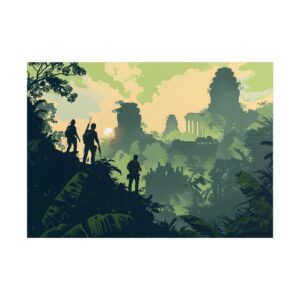 Explorers Overlooking Jungle Ruins Poster