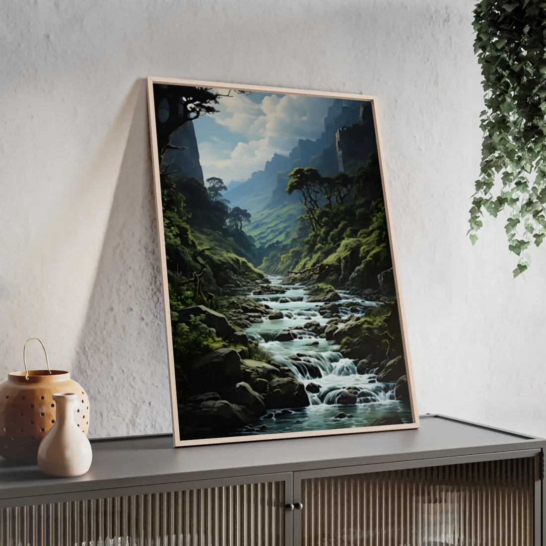 Breathtaking Blue Waterfall: Oil Painting Masterpiece - Framed Poster