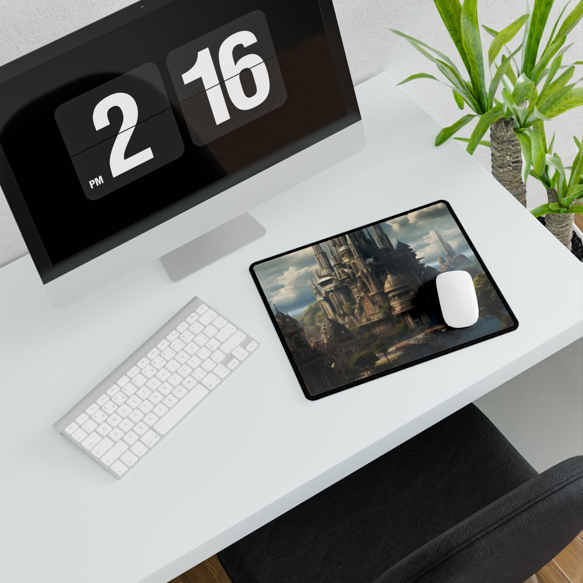 Ornate spired fantasy city beside a river, with a small boat – Desk Mat, room mockup, view 2