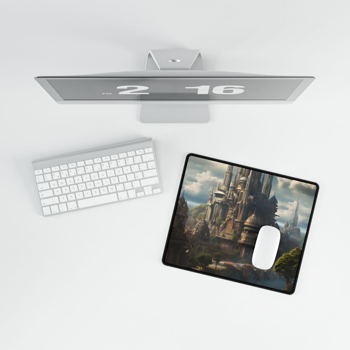 Ornate spired fantasy city beside a river, with a small boat – Desk Mat, room mockup, view 3