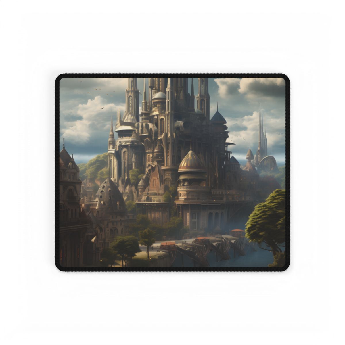 Ornate spired fantasy city beside a river, with a small boat – Desk Mat, front view