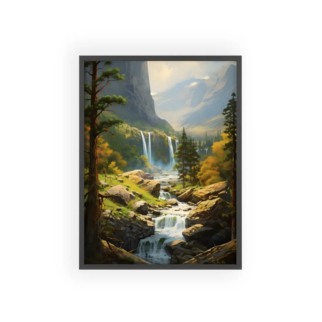 Breathtaking Waterfall: Impressionist Oil Painting - Framed Poster
