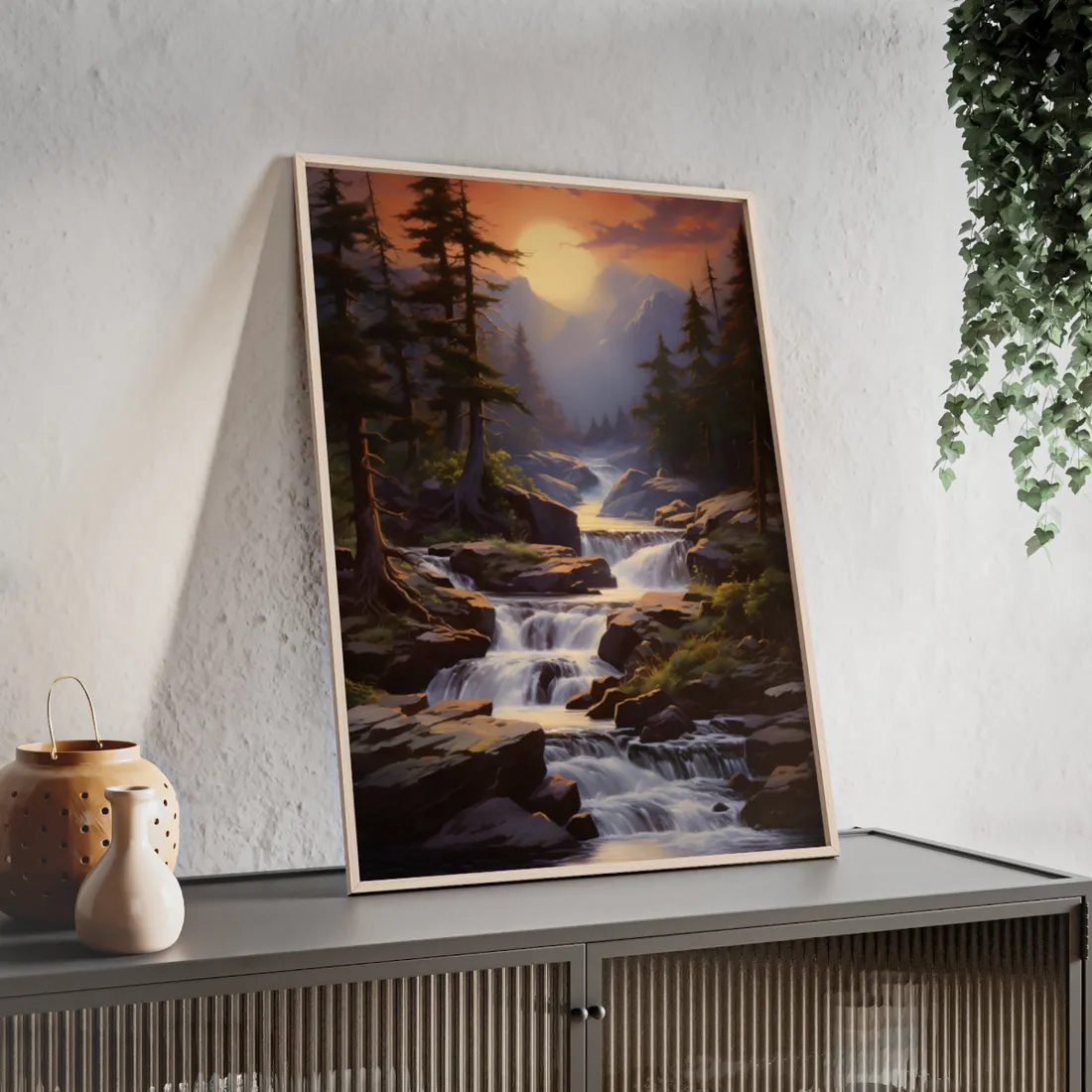 Breathtaking Waterfall: Impressionist Oil Painting in Nature - Framed Poster