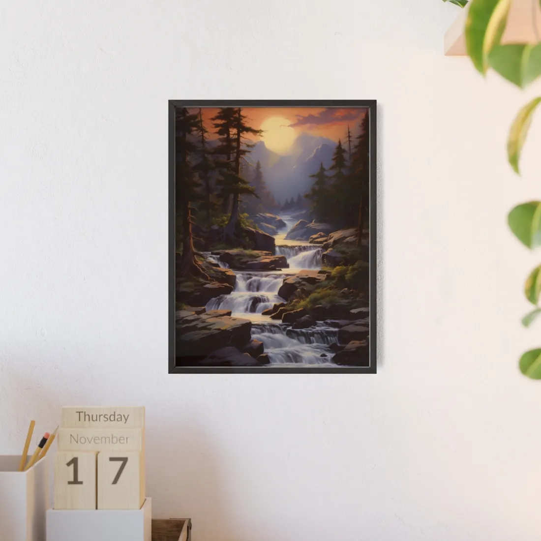 Breathtaking Waterfall: Impressionist Oil Painting in Nature - Framed Poster